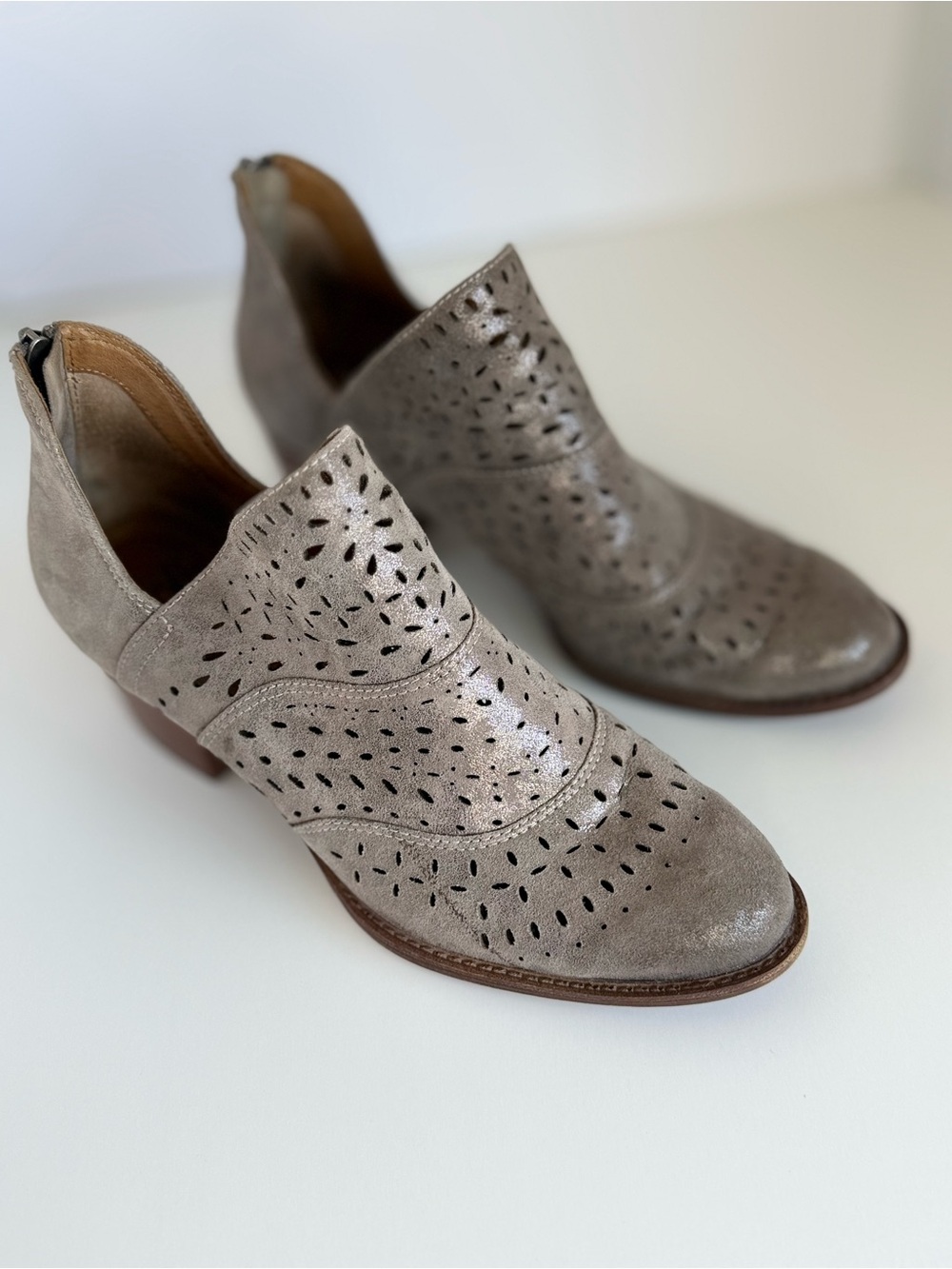 Women's Taupe Perforated Leather Ankle Booties